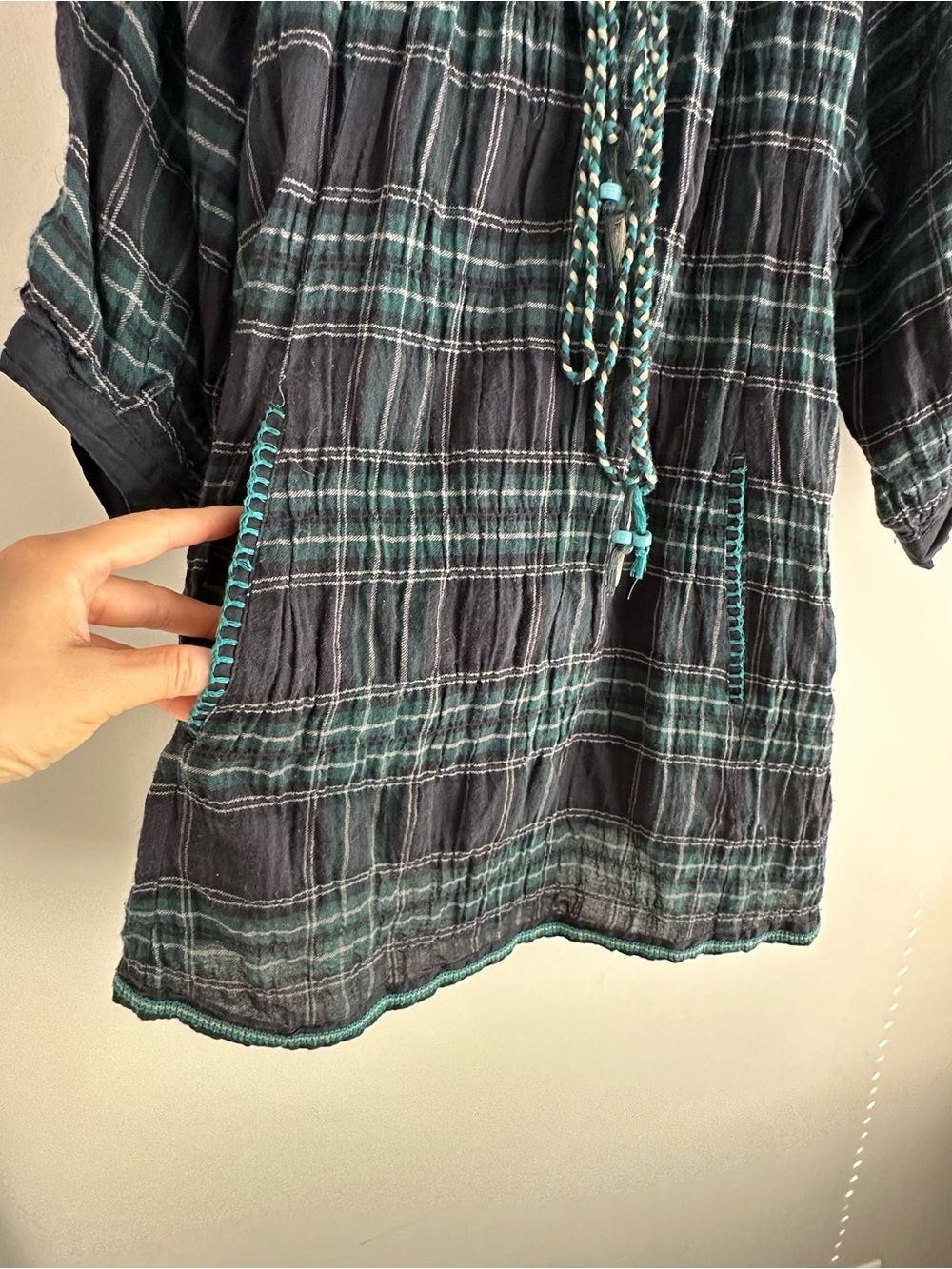 Y2K Zara Navy and Green Plaid Peasant Tunic with Braided Tie S - Picture 7 of 10